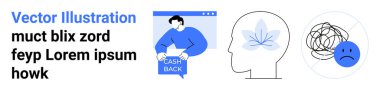 Cash Back düğmesine basan bir adam, mavi yapraklı bir insan kafası ve birbirine dolanmış çizgilerle çevrili üzgün bir yüz. Finans, sağlık, akıl sağlığı, reklamlar, web siteleri, uygulamalar, sunumlar için ideal
