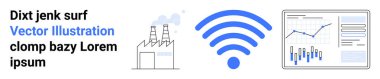 Duman yayan fabrika, büyük mavi kablosuz sinyal ikonu ve ekranda istatistiksel grafik. Teknoloji, iletişim, endüstri, çevre, veri analizi, kablosuz teknoloji ve akıllı