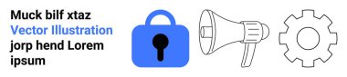 Güvenlik için mavi kilit, mesajlaşma için megafon ve ayarlar için teçhizat. Teknoloji sunumları, siber güvenlik, dijital pazarlama, uygulama arayüzleri, eğitim materyalleri, yazılım geliştirme için ideal