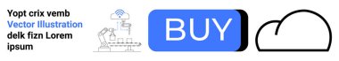 Bulut simgesi, taşıyıcılı robotik kol, mavi BUY düğmesi, yer tutucu metin. Teknoloji, e-ticaret, otomasyon, bulut hesaplama, endüstri 4.0, IoT, dijital hizmetler için ideal. İniş sayfası