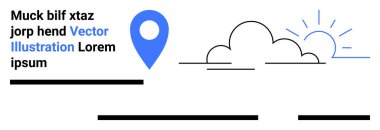 Siyah çizgili bulut, yükselen güneş ve yer tutucu yazısıyla mavi yer bulucu iğnesi. Hava tahmini, seyahat, konum hizmetleri, navigasyon, web tasarımı, uygulama geliştirme ve sunumlar için ideal