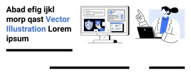 Sağlık uzmanı güvenlik simgeleri ve tıbbi verilerle görüntüyü işaret ediyor. Teletıp, sağlık, siber güvenlik, veri analizi, çevrimiçi eğitim, tıbbi araştırma ve teknoloji için ideal