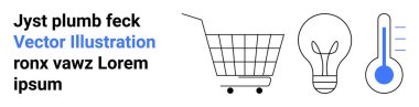 Alışveriş arabası, ampul ve termometre simgeleri yer tutucu metnin yanında, siyah ve mavi renklerde. E-ticaret, enerji, teknoloji, yenilik, perakende, sıcaklık, pazarlama için ideal. Pankart