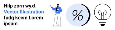 Yüzdelik bir sembol ve ampulle sunulan kişi, soldaki yazı. İş sunumları, eğitim, pazarlama, finans, yaratıcılık, yenilik, beyin fırtınası için idealdir. İniş sayfası