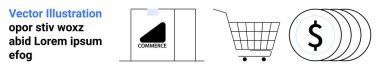 Alışveriş arabası, madeni paraların üzerindeki döviz sembolü ve ticaret metninin olduğu bir dükkan simgesi. Çevrimiçi perakende satış, e-ticaret, dijital pazarlama, finansal uygulamalar, iş sunumları, mağaza web siteleri için ideal