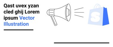 Mavi bir alışveriş çantasının yanında bir megafon gösterilir. Pazarlama, e-ticaret, duyurular, promosyonlar ve online alışveriş temaları için ideal. İniş sayfası