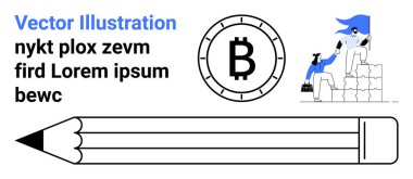 Bitcoin sembolü, bloklardaki figürlerle takım çalışması, büyük kalem ve yer tutucu metni. Finansal başarı, kripto para birimi, işbirliği, takım çalışması, iş büyümesi, yaratıcılık için ideal