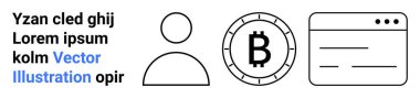Metin, kullanıcı profili simgesi, Bitcoin kripto para sembolü ve tarayıcı penceresi. Teknoloji, finans, web tasarımı, profiller, engelleme zinciri, kripto para birimi, UIUX kavramları için ideal İniş sayfası
