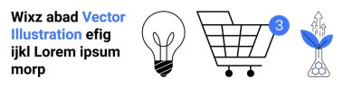 Ampul, tebligatlı alışveriş arabası ve büyümeyi sembolize eden bir bitki sergileniyor. Yenilik, alışveriş, üretkenlik, e-ticaret, başlangıç, büyüme ve teknoloji için ideal. İniş
