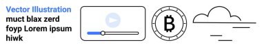 Video oynatıcı, şifreli para birimi Bitcoin sembolü ve bulut depolama taslağı. Dijital para birimi, video içeriği, bulut hizmetleri, teknik çözümler, modern web tasarımı, çevrimiçi ortam, içerik için ideal