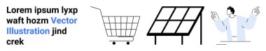 Alışveriş arabası, güneş paneli ve yer tutucu metni sunan kişi. E-ticaret, yenilenebilir enerji, teknoloji sunumları, sürdürülebilirlik ve iş çözümleri için ideal. İniş afişi