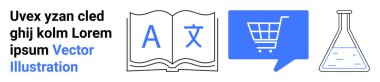İçinde mektuplar olan bir kitap, bir konuşma balonunun içindeki alışveriş arabası ikonu, laboratuvar şişesi. Eğitim, e-ticaret, bilim, dil eğitimi, online alışveriş, araştırma, akademik içerik için ideal. İniş sayfası