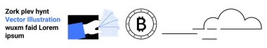 Kartlı el, Bitcoin sembolü ve bulut çizgisi. Teknoloji blogları, kripto para birimi, bulut hesaplama, dijital cüzdanlar, finansal teknoloji, modern tasarım, yenilikçi çözümler için idealdir. İniş sayfası