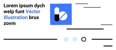 İlaç kapsülü simgesi, mavi kare arkaplan, yer tutucu metin, siyah ve mavi minimalist çizgiler, dairesel simgeler. Tıbbi temalar, sağlık siteleri, eczacılık markalaşması, minimalist tasarım için ideal