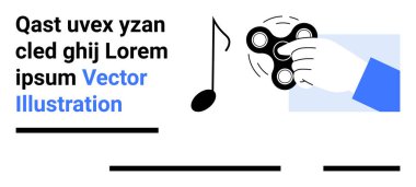 Bir müzik notası ve soyut metin unsurları eşliğinde hareketli bir fırıldak tutan el. Stres azaltma temaları, müzikle ilgili içerik, eğitim materyali, yaratıcı tasarımlar, modern sanat için ideal