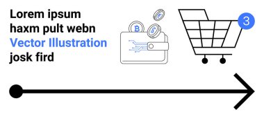 Cüzdanında şifreli para, alışveriş arabası, rozet numarası ve yatay ok var. Çevrimiçi alışveriş için ideal, e-ticaret platformları, dijital cüzdanlar, kripto para birimi, fintech, minimalist arayüzler