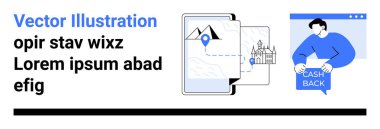 Harita görüntüsünü navigasyon iğnesi ve işaretli tablet üzerinde, nakit para levhası taşıyan kişi. Seyahat, turizm, kullanıcı arayüzü, navigasyon, dönüm noktaları, finans ve çevrimiçi işlemler için ideal. İniş sayfası