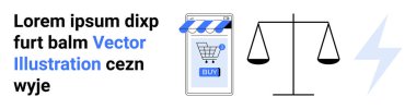 Seyyar bir cihazda alışveriş arabası, adalet terazisi ve yıldırım. E-ticaret, hukuk hizmetleri, teknoloji, pazarlama, mobil uygulamalar, online alışveriş, iş çözümleri için idealdir. İniş sayfası