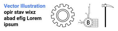 Gear, devre kartında Bitcoin sembolü ve siyah metinli kazma. Teknoloji, kripto para birimi, engelleme zinciri, veri madenciliği, mühendislik, finans, endüstriyel temalar için ideal. İniş sayfası