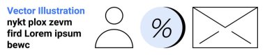 Kişi simgesi, zarf, yüzde sembolü siyah ve mavi. İletişim, finans, pazarlama, e-posta kampanyaları, kullanıcı arayüzleri, eğitim araçları, kurumsal sunumlar için ideal. İniş sayfası