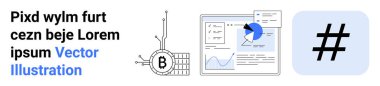 Bitcoin çipi, grafikli veri paneli ve pasta grafiği, üstveri etiketi sembolü. Kripto para birimi, teknoloji, finans, veri analizi, pazarlama, web geliştirme, sosyal medya, İniş sayfası için ideal