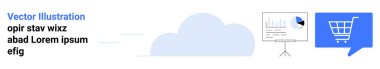 Bulut, veri tabloları sunum panosunda, alışveriş arabası ikonu mavi konuşma balonunda. Çevrimiçi alışveriş, bulut hesaplama, veri analizi, dijital pazarlama, iş sunumları, teknoloji için ideal
