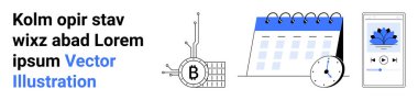 Devre, takvim, saat ve mobil müzik çalar ile Bitcoin sembolü. Teknoloji, kripto para birimi, zamanlama, zaman yönetimi, üretkenlik, fintech, dijital medya iniş sayfası için ideal