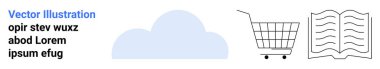 Bulut, alışveriş arabası ve açık kitap ikonları online depolama, e-ticaret ve dijital öğrenmeyi sembolize eder. Teknoloji, ticaret, eğitim, dijital dönüşüm, bulut hizmetleri için ideal