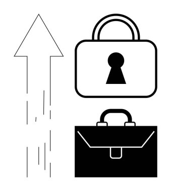 Kilitlenmemiş asma kilit ve evrak çantasının yanındaki yukarı ok güvenlik ve iş büyümesini simgeliyor. İş stratejisi, mali planlama, büyüme, başarı, güvenlik, organizasyonel kalkınma için ideal