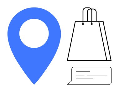 Mavi lokasyon rozeti, alışveriş çantası ve sohbet balonu. E-ticaret, dağıtım hizmetleri, müşteri iletişimi, perakende mağaza konumları, çevrimiçi inceleme sistemleri, lojistik uygulamaları ve sosyal medya için ideal