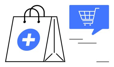 İçinde tıbbi haç sembolü ve konuşma balonu olan alışveriş torbası. Çevrimiçi sağlık, e-ticaret, tıbbi malzemeler, eczane, teletıp, dijital sağlık ve perakende için ideal. Çizgi