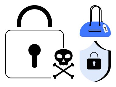 Kilitli kafatası, kilitli kalkan ve etiketli alışveriş çantası. Siber güvenlik, hırsızlıkla mücadele, çevrimiçi koruma, e-ticaret güvenlik veri alışverişi güvenlik dijital tehditleri için idealdir. Satır metaforu