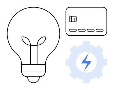 Ampul, çipli kredi kartı ve yıldırım sembollü teçhizat. Teknoloji, yenilik, enerji verimliliği, akıllı ödemeler, iş çözümleri, finansal işlemler için ideal dijital