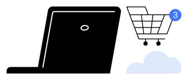 Laptop, bildiri rozetli alışveriş arabası ve bulut elementi. E-ticaret, çevrimiçi alışveriş, dijital pazarlama, web tasarımı, perakende sektörü, İnternet teknolojisi ve tüketici elektroniği için ideal