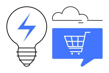 Ampulün içinde şimşek çakıyor. Alışveriş arabasının yanında. Konuşma balonunda, bulutların altında. E-ticaret, yenilik, teknoloji, çevrimiçi alışveriş, dijital pazarlama, iş stratejisi, bulut
