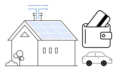 Güneş panelleri olan sürdürülebilir bir ev, içinde kredi kartı olan bir cüzdan ve çevre dostu yaşam tarzını temsil eden bir araba. Yenilenebilir enerji, yeşil yaşam, mali yönetim, eko-ulaşım için ideal, akıllı