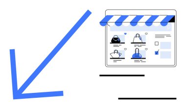 Mavi tenteli dijital vitrin, dilek listesi kalpli el çantası ürünleri tableti, el arabası ikonu. Çevrimiçi alışveriş, e-ticaret, dijital pazarlama, moda perakendecisi, UIUX tasarımı, ürün