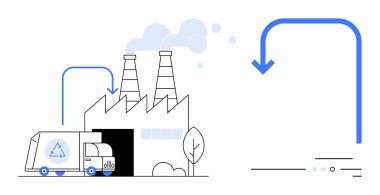 Fabrika binasına giren geri dönüşüm kamyonu bacalardan duman yayıyor, önplandaki ağaç, geri dönüşüm sürecini sembolize eden mavi oklar. Sürdürülebilirlik, atık yönetimi ve çevre dostu için ideal