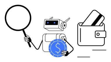 Robot, kredi kartı olan bir cüzdanın yanında büyüteç ve para tutuyor. Finans, teknoloji, yapay zeka, bankacılık, dijital işlemler, tasarruf ve yatırım kavramları için idealdir. Satır metaforu