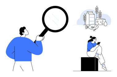 Balık, peynir, süt ve buğday da dahil olmak üzere yiyecek maddelerinin yanında büyüteç bulunduruyor. Başka biri oturur ve akıllı telefondan kitap okur. Gıda denetimi, beslenme, araştırma ve kalite için ideal