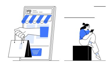 Geniş akıllı telefon ekranı online mağaza arayüzü ve alışveriş torbalarını gösteriyor, kadın tablet kullanarak blokta oturuyor. E-ticaret, çevrimiçi alışveriş, perakende, mobil uygulamalar, teknoloji için ideal