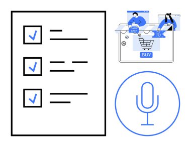 İşaretli kontrol listesi, işlemleri olan alışveriş arabası ve ses komutları için mikrofon simgesi. Üretkenlik uygulamaları, e-ticaret, dijital asistanlar, görev yönetimi, çevrimiçi alışveriş için ideal