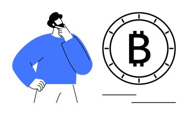 Eli çenesinde ve düşünceli ifadesi büyük Bitcoin sembolünün yanında duran adam. Finans, yatırım, kripto para birimi, blok zinciri, mali planlama, teknoloji ve gelecekteki eğilimler için ideal