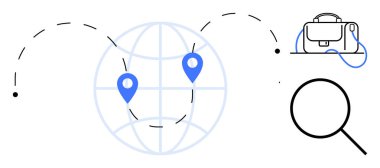 İğne işaretli dünya, kesik seyahat yolları, evrak çantası, büyüteç. Seyahat, lojistik, iş planlaması, küresel strateji, tedarik zinciri yönetimi, kurumsal eğitim, araştırma için ideal. Çizgi