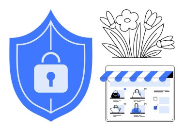 Kilit sembollü mavi kalkan, ürün küçük resimli e-ticaret sitesi ve çiçek çizimi. Çevrimiçi güvenlik, e-ticaret, alışveriş, siber güvenlik, dijital ürünler, İnternet güvenliği perakendecisi için ideal