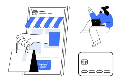 El ve alışveriş çantaları alan akıllı telefon mağazası ekranı, dizüstü bilgisayar kullanan kadın ve kredi kartı. E-ticaret, dijital alışveriş, çevrimiçi ödeme, dağıtım hizmetleri, tüketici davranışı, fintech