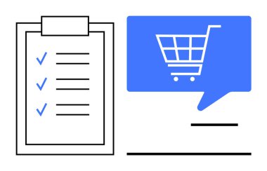 Alışveriş arabası mavi konuşma balonunda kontrol işaretli listenin yanında. E-ticaret, çevrimiçi alışveriş, yapılacaklar listesi, dijital pazarlama, görev yönetimi, proje planlaması, perakende sektörü için ideal. Çizgi