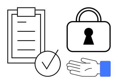 Bir panodaki kontrol listesi, kontrol işareti, el uzatma ve kilit güvenlik ve veri yönetimini gösteriyor. Uyum, gizlilik, koruma, yasal, güvenli işlemler kalite denetimi için ideal