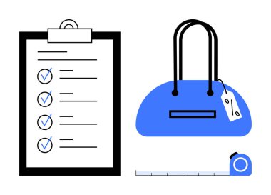 Mavi işaretli kontrol listesi, üzerinde fiyat etiketi olan mavi çanta ve mezura. Perakende, alışveriş, planlama, organizasyon, moda envanteri ve liste yapma temaları için ideal. Satır metaforu