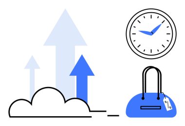 Bulutlardan saat ve el çantasıyla büyüyen oklar çıkıyor. İş büyümesi, zaman yönetimi, perakende, verimlilik, son teslim tarihi, alışveriş, verimlilik için ideal. Satır metaforu